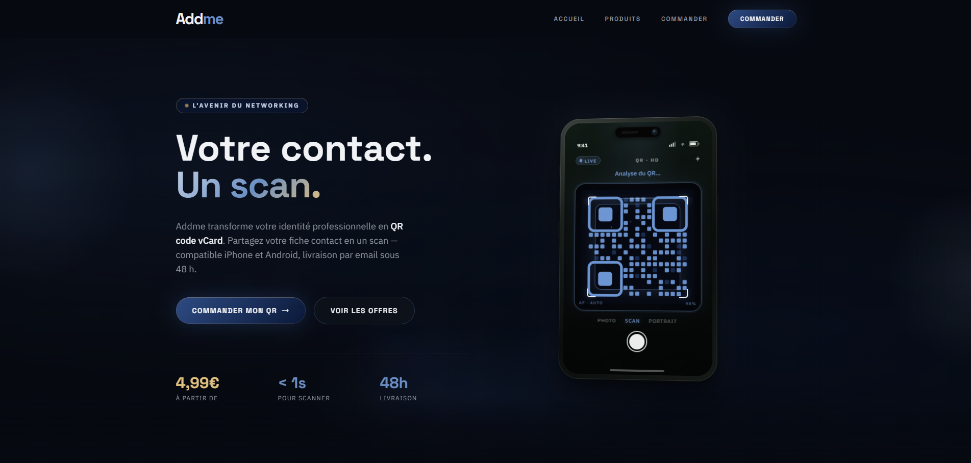 Aperçu du site Addme — carte de visite digitale QR vCard